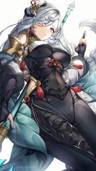 Rule 34 | 1girl, absurdres, black bodysuit, blue eyes, bodysuit, breast curtain, breasts, calamity queller (genshin impact), commentary request, genshin impact, highres, holding, holding weapon, large breasts, long hair, looking at viewer, nyamaso, parted lips, polearm, shenhe (genshin impact), simple background, solo, underboob, weapon, white background, white hair