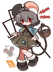 Rule 34 | 1girl, animal ears, basket, black footwear, blush, closed mouth, dress, full body, green dress, grey hair, highres, looking at viewer, medium hair, motion lines, mouse (animal), mouse ears, mouse girl, nazrin, red eyes, sound effects, touhou, translation request, v-shaped eyebrows, white background, zunusama