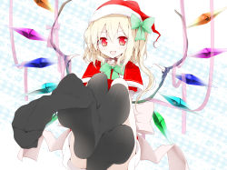 Rule 34 | 1girl, ascot, bad id, bad pixiv id, bell, black thighhighs, blonde hair, capelet, christmas, collar, dress, embodiment of scarlet devil, fang, feet, female focus, flandre scarlet, foot focus, hair ribbon, hat, highres, looking at viewer, oouso, open mouth, plaid, plaid background, pov, red eyes, ribbon, santa costume, santa hat, short hair, side ponytail, smile, sock dangle, solo, thighhighs, touhou, wings