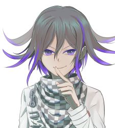 Rule 34 | 1boy, black hair, checkered clothes, checkered neckwear, checkered scarf, danganronpa (series), danganronpa v3: killing harmony, finger to mouth, hair between eyes, hand up, highres, index finger raised, jacket, kuangtai (amami ryoko), long sleeves, looking at viewer, male focus, multicolored hair, oma kokichi, pink eyes, pink hair, purple eyes, scarf, simple background, smile, smug, solo, straitjacket, two-tone hair, upper body, white background, white jacket