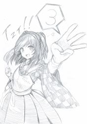 Rule 34 | 1girl, :d, apron, arm up, bell, blush, check commentary, checkered clothes, checkered kimono, clenched hand, clothes writing, commentary, commentary request, cowboy shot, from above, graphite (medium), greyscale, hair bell, hair ornament, hand gesture, highres, japanese clothes, jingle bell, kimono, long skirt, long sleeves, looking at viewer, mahiro (akino-suisen), monochrome, motoori kosuzu, open mouth, sash, short hair, skirt, smile, solo, star (symbol), touhou, traditional media, two side up, underwear, wide sleeves