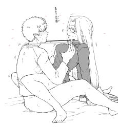 Rule 34 | 1boy, 1girl, arm support, bottomless, breast fondle, grabbing another&#039;s breast, emiya shirou, fate/stay night, fate (series), glasses, grabbing, greyscale, heart, long hair, low-tied long hair, medusa (fate), medusa (rider) (fate), mo (kireinamo), monochrome, motion lines, raglan sleeves, sex, short hair, sweat, translated, turtleneck