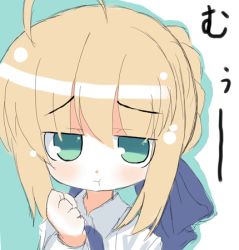 Rule 34 | 00s, 1girl, :t, ahoge, artoria pendragon (all), artoria pendragon (fate), blonde hair, blouse, chibi, fate/stay night, fate (series), green eyes, jitome, looking at viewer, lowres, omiso, omiso (omiso), pout, saber (fate), shirt, sketch, solo