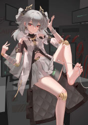 Rule 34 | 1girl, absurdres, ai dongdong, barefoot, between legs, between toes, charger, closed mouth, computer, dress, drill hair, earrings, grey dress, grey hair, grey skirt, hair ornament, highres, honkai (series), honkai impact 3rd, jewelry, keyboard (computer), looking at viewer, monitor, prometheus (honkai impact), red eyes, see-through, see-through dress, sitting, skirt, soles, solo, tablet pc, toes, twin drills