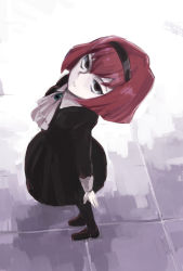 Rule 34 | 1girl, android, black dress, brown eyes, dress, from above, kou1, leaning back, looking up, metal skin, pantyhose, r dorothy wayneright, red hair, short hair, solo, standing, the big o