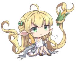 Rule 34 | 1girl, :&gt;, puff of air, ahoge, blonde hair, bracelet, chibi, commentary request, corn, corn cob, dress, frilled dress, frills, full body, granblue fantasy, green eyes, hair ornament, hairclip, harvin, jewelry, long hair, melissabelle, nogisaka kushio, pointy ears, prehensile hair, simple background, sitting, smug, solo, strap slip, transparent background, very long hair, white background, white dress