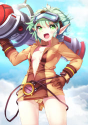 Rule 34 | 1girl, :d, belt, blouse, breasts, breasts apart, brown panties, christinya, cloud, day, gloves, goggles, goggles on head, green eyes, green hair, gun, hand on own hip, highres, league of legends, looking at viewer, m1 bazooka, matching hair/eyes, no bra, open clothes, open mouth, open shirt, panties, pointy ears, rocket girl tristana, rocket launcher, shirt, short hair, sky, small breasts, smile, solo, tristana, underwear, weapon, yellow panties, yordle