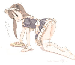 Rule 34 | 1girl, all fours, apron, ass, bad id, bad tumblr id, brown eyes, brown hair, child, dress, female focus, kokudou juunigou, long hair, looking at viewer, maid, maid apron, maid headdress, open mouth, original, panties, short dress, skindentation, solo, thighhighs, thighs, translated, twintails, underwear, white panties, white thighhighs