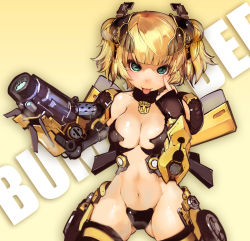 Rule 34 | 1girl, akanbe, autobot, bebe1999, blonde hair, breasts, bumblebee, cleavage, double bun, eyelid pull, green eyes, hair bun, headgear, highres, large breasts, mecha musume, navel, personification, short hair, thighhighs, tongue, tongue out, transformers, transformers (live action), weapon