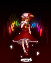 Rule 34 | 1girl, bad id, bad pixiv id, blonde hair, female focus, flandre scarlet, hat, heart, licking, ponytail, rainbow order, red background, red eyes, satou (sugar), short hair, side ponytail, solo, touhou, wings