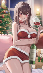 Rule 34 | 1girl, alcohol, bare arms, bare shoulders, barefoot, blurry, bottle, breasts, brown hair, choker, christmas, christmas tree, cleavage, closed mouth, collarbone, commentary request, crop top, crossed bangs, cup, curtains, cushion, depth of field, drink, drinking glass, fur-trimmed shirt, fur-trimmed skirt, fur trim, hatsuno xxx, highres, holding, holding bottle, holding cup, holding drink, indoors, large breasts, long hair, looking at viewer, miniskirt, original, pom pom (clothes), red choker, red eyes, red skirt, red tube top, red wine, santa costume, shirt, sitting, skirt, smile, solo, star (symbol), strapless, stuffed animal, stuffed toy, teddy bear, thighs, tube top, window, wine, wine bottle, wine glass