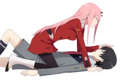 Rule 34 | 10s, 1boy, 1girl, black hair, black pantyhose, blue eyes, boots, breasts, commentary, couple, darling in the franxx, girl on top, green eyes, hair ornament, hairband, hand on another&#039;s head, hetero, highres, hiro (darling in the franxx), horns, kenkaizar, long hair, long sleeves, looking at another, lying, military, military uniform, necktie, on back, oni horns, pantyhose, pink hair, red horns, red neckwear, socks, straddling, uniform, white footwear, white hairband, zero two (darling in the franxx)