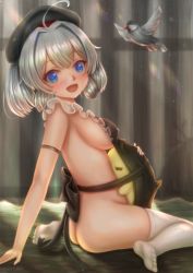 Rule 34 | 1girl, :d, absurdres, ahoge, apron, azur lane, beret, bird, black apron, black hat, blue eyes, blush, breasts, commentary request, covered erect nipples, grey hair, hat, highres, large breasts, looking at viewer, looking to the side, manjuu (azur lane), naked apron, open mouth, sideboob, sitting, smile, solo, thighhighs, wariza, white thighhighs, z28 (azur lane), zusshii (libertasgenesis)
