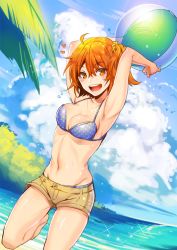 Rule 34 | 1girl, :d, ahoge, alternate costume, armpits, arms up, ball, bare legs, bare shoulders, barefoot, beachball, bikini, bikini under clothes, blue bikini, blue sky, blush, body blush, bouncing breasts, breasts, brown shorts, buttons, cleavage, cloud, collarbone, cowboy shot, day, eyebrows, fate/grand order, fate (series), fujimaru ritsuka (female), groin, hair between eyes, hair ornament, hair scrunchie, head tilt, heart, holding, holding ball, jumping, leg up, lens flare, looking at viewer, matching hair/eyes, mepo (raven0), navel, ocean, open mouth, orange eyes, orange hair, outdoors, palm tree, plant, polka dot, polka dot bikini, round teeth, scrunchie, shore, short hair, short shorts, shorts, side ponytail, sky, smile, solo, stomach, summer, sun, sunlight, swimsuit, teeth, transparent, tree, water