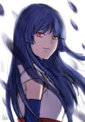 Rule 34 | 1girl, blackhaiper, blue hair, blue sleeves, detached sleeves, floating hair, from side, gintama, highres, imai nobume, long hair, looking at viewer, petals, red eyes, signature, sketch, smile, solo, upper body, very long hair