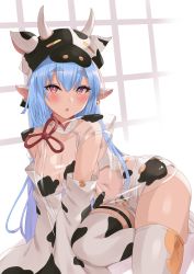 Rule 34 | 1girl, absurdres, animal ears, animal print, bare shoulders, bikini, blue hair, blush, breasts, catura (granblue fantasy), cleavage, cow ears, cow girl, cow hat, cow horns, cow print, detached collar, detached sleeves, draph, ear piercing, granblue fantasy, highres, horns, large breasts, long hair, looking at viewer, navel, open mouth, piercing, pm tii (matuko1024), pointy ears, purple eyes, see-through, short shorts, shorts, solo, swimsuit, thighhighs, thighs, white bikini, white shorts, white thighhighs, wide sleeves