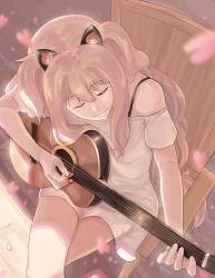 Rule 34 | 1girl, absurdres, animal ears, bare legs, bare shoulders, blonde hair, cat ears, cherry blossoms, dress, closed eyes, guitar, highres, instrument, kamille (vcx68), crossed legs, long hair, off-shoulder dress, off shoulder, playing instrument, plectrum, seeu, sitting, smile, solo, spaghetti strap, vocaloid