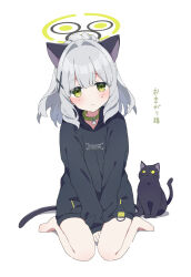 Rule 34 | 1girl, animal ears, barefoot, bell, between legs, black cat, blue archive, blush, cat, cat ears, cat tail, choker, green eyes, grey hair, halo, hare (blue archive), highres, long sleeves, mochigome (ununquadium), simple background, sitting, tail, wariza, white background
