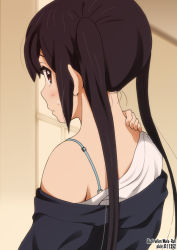 Rule 34 | 1girl, artist name, black hair, blush, bra strap, brown eyes, from behind, k-on!, long hair, looking back, nakano azusa, nape, off shoulder, official style, signature, solo, sweat, twintails, upper body, yamasaki wataru