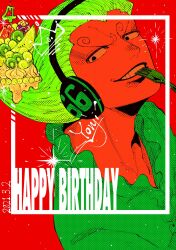 Rule 34 | 1boy, birthday, black eyes, character name, commentary request, curly eyebrows, english text, food, fork, fruit, green hair, happy birthday, headphones, highres, holding, holding fork, larugo0513, male focus, one piece, short hair, smile, solo, teeth, vinsmoke yonji