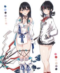 Rule 34 | 2girls, black hair, blue eyes, bow, bowtie, color guide, cosplay, costume switch, fate/grand order, fate (series), gridman universe, hand in pocket, hand on own chest, highres, holding, holding polearm, holding weapon, looking back, magatama, multiple girls, nakagawa kanon (pixiv32798535), pleated skirt, polearm, sideless outfit, skirt, spear, ssss.gridman, takarada rikka, thighs, utsumi erice, weapon, white background