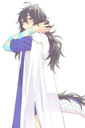 Rule 34 | 1boy, antenna hair, arm tattoo, black eyes, black hair, blue robe, blush, cloak, cowboy shot, dragon tail, dragon tattoo, fate/grand order, fate (series), from behind, hair between eyes, hand in own hair, kitchin, long hair, looking at viewer, looking to the side, male focus, parted lips, robe, sakamoto ryouma (fate), sakamoto ryouma (lancer) (fate), see-through, side slit, simple background, sleeves rolled up, solo, sweatdrop, tail, tattoo, white background, white cloak