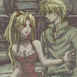 Rule 34 | 1990s (style), 1boy, 1girl, :o, bare shoulders, blonde hair, bracelet, breasts, cain highwind, camisole, cleavage, closed mouth, collarbone, collared shirt, expressionless, final fantasy, final fantasy iv, jewelry, long sleeves, lowres, oekaki, open mouth, red eyes, rosa farrell, shirt, spaghetti strap, spiked hair