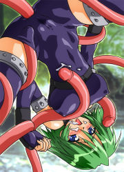 Rule 34 | 1girl, anal, blue eyes, blush, bodysuit, cameltoe, cum, covered erect nipples, facial, fingerless gloves, gloves, green hair, highres, solo, spandex, tears, tentacles, tentacles under clothes, thighhighs, through clothes