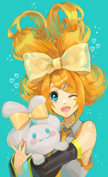 Rule 34 | 1girl, :3, alternate color, animal, animal hug, aqua background, aqua eyes, black sleeves, blonde hair, blush stickers, borrowed hairstyle, bow, cinnamiku, cinnamiku hairstyle, cinnamoroll, collared shirt, commentary, cosplay, creature, crossover, detached sleeves, eyebrows hidden by hair, facial mark, future style (module), grey shirt, hair bow, hatsune miku, hatsune miku (cosplay), highres, kagamine rin, long hair, necktie, one eye closed, open mouth, parted bangs, project diva (series), sanrio, shirt, sidelocks, sleeveless, sleeveless shirt, smile, solid oval eyes, solo, star (symbol), star facial mark, tied ears, updo, upper body, very long hair, vocaloid, whiteskyash, yellow bow, yellow necktie