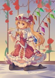 Rule 34 | 1girl, :t, adapted costume, black thighhighs, blush, commentary request, crystal, dress, eating, flandre scarlet, food, full body, hair between eyes, hat, highres, holding, holding food, kneeling, looking at viewer, mechrailgun, mob cap, one side up, over-kneehighs, red dress, red eyes, sandwich, solo, thighhighs, touhou, white hat, wings