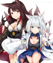 Rule 34 | &gt;:), 2girls, akagi (azur lane), animal ears, azur lane, black cola, black gloves, black kimono, blue eyes, blue skirt, blush, breasts, brown hair, cleavage, closed mouth, collarbone, commentary request, copyright name, fox ears, fox mask, fox tail, gloves, highres, holding, holding mask, japanese clothes, kaga (azur lane), kimono, kitsune, large breasts, long hair, long sleeves, looking at viewer, mask, medium breasts, multiple girls, multiple tails, parted lips, pleated skirt, red eyes, red skirt, short kimono, silver hair, simple background, skirt, smile, tail, v-shaped eyebrows, very long hair, white background, wide sleeves