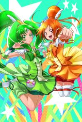 Rule 34 | 10s, 2girls, :d, bike shorts, boots, bow, bowtie, brooch, choker, clenched hand, cure march, cure sunny, dress, green eyes, green hair, green shorts, green skirt, hair bun, head wings, hino akane (smile precure!), jewelry, jumping, long hair, magical girl, mahkn, midorikawa nao, multiple girls, open mouth, orange hair, orange skirt, ponytail, precure, red eyes, red shorts, shoes, short hair, shorts, shorts under skirt, single hair bun, skirt, smile, smile precure!, star (symbol), thigh boots, thighhighs, tiara, tri tails, v, white legwear, wings, wrist cuffs