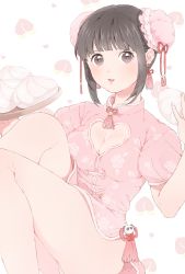 Rule 34 | 1girl, bad id, bad pixiv id, baozi, black hair, blunt bangs, blush, breasts, brown eyes, bun cover, china dress, chinese clothes, cleavage, cleavage cutout, clothing cutout, double bun, dress, earrings, fingernails, floral print, food, hair bun, heart, heart-shaped pupils, heart cutout, highres, holding, jewelry, knees up, legs, looking at viewer, open mouth, original, panda, panties, pantyshot, pink dress, shizuko (chipccchip), short sleeves, side slit, sitting, smile, solo, symbol-shaped pupils, tassel, tassel earrings, tray, underwear, white panties