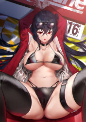 Rule 34 | 1girl, armpits, arms up, azur lane, bikini, black bikini, black choker, black hair, black thighhighs, breasts, choker, collarbone, commentary, daydream (zhdkffk21), expressionless, eyewear on head, hair between eyes, highres, jacket, large breasts, latex, long hair, looking at viewer, multi-strapped bikini bottom, official alternate costume, one side up, open clothes, open jacket, race queen, red eyes, red jacket, solo, spread legs, swimsuit, taihou (azur lane), taihou (enraptured companion) (azur lane), thigh strap, thighhighs