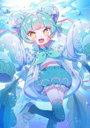 Rule 34 | :d, absurdres, aqua hair, blue thighhighs, cowboy shot, fang, gaogao (gaogaomegu), highres, jacket, jellygao, long sleeves, multicolored hair, open mouth, original, puffy long sleeves, puffy sleeves, sleeves past fingers, sleeves past wrists, smile, symbol-shaped pupils, thighhighs, underwater, very long sleeves, white footwear, white jacket, x-shaped pupils, yellow eyes