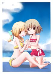 2girls bare_arms bare_shoulders barefoot beach bikini blonde_hair blush bow brown_eyes brown_hair cloud day dot_nose feet female_focus full_body hair_between_eyes hair_ornament hidamari_sketch holding_hands kneeling legs looking_at_viewer miyako_(hidamari_sketch) multiple_girls navel no_shoes no_socks open_mouth outdoors runa44 sand sky smile swimsuit thighs water x_hair_ornament yellow_eyes yuno_(hidamari_sketch)