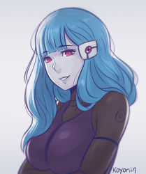 Rule 34 | 1girl, artist name, blue hair, blunt bangs, blush, breasts, eyebrows, gradient background, hair ornament, hairclip, head tilt, kira miki, koyorin, long hair, medium breasts, nose blush, parted lips, red eyes, smile, solo, upper body, va-11 hall-a