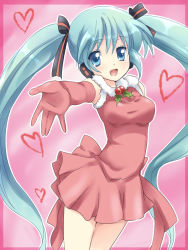 Rule 34 | 1girl, bad id, bad pixiv id, blue eyes, blue hair, christmas, dress, elbow gloves, gloves, hair ribbon, hatsune miku, holly, long hair, maruki (punchiki), matching hair/eyes, outstretched arm, outstretched hand, reaching, red gloves, ribbon, santa costume, solo, twintails, vocaloid