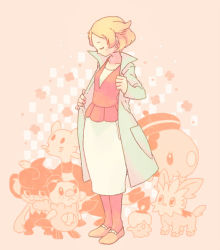 Rule 34 | 1girl, bianca (pokemon), blonde hair, borrowed clothes, breasts, character request, closed mouth, coat, commentary request, creatures (company), game freak, gen 5 pokemon, hat, ikra (katacoly), munna, nintendo, pantyhose, pink background, pokemon, pokemon (creature), pokemon bw, short hair, simple background, standing, unworn hat, unworn headwear