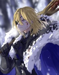 Rule 34 | 1boy, armor, black armor, blonde hair, blood, blood on face, blue cloak, blurry, blurry background, breath, cloak, closed mouth, commentary request, cuts, dimitri alexandre blaiddyd, eyepatch, fire emblem, fire emblem: three houses, fur trim, gauntlets, grey background, hair between eyes, half-closed eyes, highres, holding, holding polearm, holding weapon, injury, male focus, medium hair, nintendo, one eye covered, polearm, rollnoko, sidelighting, snowing, solo, steam, two-tone background, upper body, weapon, white background, winter