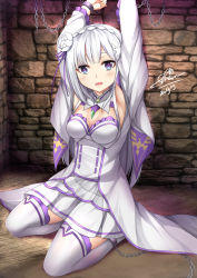 Rule 34 | 1girl, arms up, braid, breasts, brick wall, chain, chained, chained wrists, commentary, crown braid, dated, detached collar, dress, dungeon, emilia (re:zero), english commentary, flower, hair flower, hair ornament, highres, long hair, looking at viewer, medium breasts, open mouth, purple eyes, re:zero kara hajimeru isekai seikatsu, seiza, sheita, signature, silver hair, sitting, solo, thighhighs, white dress, white thighhighs