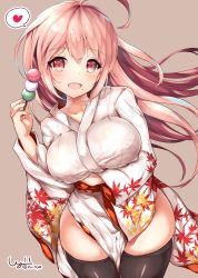 Rule 34 | 1girl, :d, absurdres, artist name, black thighhighs, blush, breasts, brown background, collarbone, cowboy shot, floating hair, heart, highres, japanese clothes, kagami mochi, kimono, large breasts, leaf, leaf print, long hair, looking at viewer, maple leaf, mole, mole under mouth, open mouth, original, pink eyes, pink hair, shishoo (vanura), simple background, smile, solo, spoken heart, teeth, thighhighs, thighs, twitter username, white kimono