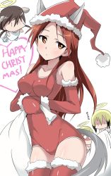 Rule 34 | 4girls, animal ears, bad id, bad twitter id, bare shoulders, blush, breasts, chibi, christmas, collarbone, covered navel, cowboy shot, elbow gloves, erica hartmann, gertrud barkhorn, gloves, halo, hat, highres, legs together, looking at viewer, merry christmas, minna-dietlinde wilcke, multiple girls, red eyes, red gloves, red hair, red legwear, sack, santa costume, santa hat, simple background, strike witches, strike witches: suomus misfits squadron, sweatdrop, tail, thighhighs, ursula hartmann, white background, world witches series, yumekaranigeruna