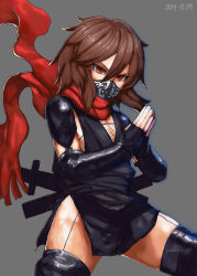 Rule 34 | 10s, 1girl, 2014, bad id, bad pixiv id, belko, boots, brown hair, covered mouth, cowboy shot, dated, fingerless gloves, garter straps, gloves, grey background, japanese clothes, kagerou (sennen sensou aigis), looking at viewer, ninja, no bra, own hands together, red eyes, red scarf, scarf, sennen sensou aigis, sheath, sheathed, short hair, side slit, simple background, solo, thigh boots, thighhighs, weapon