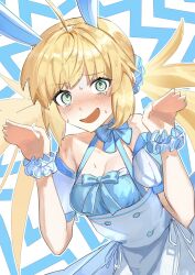 Rule 34 | 1girl, @ @, ahoge, artoria caster (fate), artoria pendragon (fate), blonde hair, blue bow, blue dress, blue ribbon, blush, bow, breasts, cleavage, dress, embarrassed, fate/grand order, fate (series), green eyes, highres, looking at viewer, open mouth, ribbon, small breasts, solo, sweat, tokoni fusu, twintails, wrist cuffs