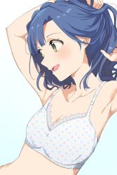 Rule 34 | 1girl, arm up, armpits, bad id, bad twitter id, bare shoulders, blue hair, bra, collarbone, flat chest, gradient background, green eyes, half updo, highres, hiroki (yyqw7151), idolmaster, idolmaster million live!, lace, lace-trimmed bra, lace trim, looking to the side, nanao yuriko, open mouth, polka dot, polka dot bra, smile, solo, tying hair, underwear, underwear only, upper body