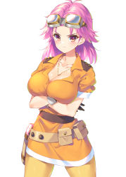 Rule 34 | 1girl, belt, breasts, brown eyes, bucchake (asami), cleavage, commentary, dragon quest, dragon quest dai no daibouken, frown, gloves, goggles, goggles on head, jewelry, long hair, looking at viewer, maam, necklace, pink hair, short sleeves, solo, utility belt, white background