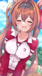 Rule 34 | 1girl, blue sky, blurry, blurry background, bow, breasts, brown hair, buruma, cloud, commentary request, daiwa scarlet (umamusume), day, closed eyes, fang, hair between eyes, hair bow, hair intakes, horse girl, jacket, large breasts, leaning forward, long hair, looking at viewer, multicolored clothes, multicolored jacket, open mouth, outdoors, red bow, red jacket, shiitake taishi, sky, solo, tiara, twintails, two-tone jacket, umamusume, very long hair, white jacket