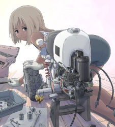 Rule 34 | 1girl, all fours, allen wrench, ass, bad id, bad pixiv id, black eyes, blonde hair, bolt (hardware), engine, gloves, machine, original, shorts, socket wrench, solo, sukabu, tire, tools, wire, wrench