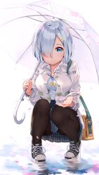 Rule 34 | 1girl, alternate costume, bag, black pantyhose, blue eyes, blush, breasts, buttons, collarbone, full body, hair ornament, hair over one eye, hairclip, hamakaze (kancolle), hand out, highres, holding, holding umbrella, kantai collection, large breasts, looking at viewer, pantyhose, petals, plaid, plaid skirt, pleated skirt, reaching, reaching towards viewer, ripples, shirt, shoes, short hair, shoulder bag, silver hair, skirt, smile, sneakers, solo, standing, standing on liquid, umbrella, unbuttoned, yamano (yamanoh)